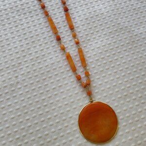 Beaded Pendant Necklace, Costume Jewelry, Sun Engraving, 14”